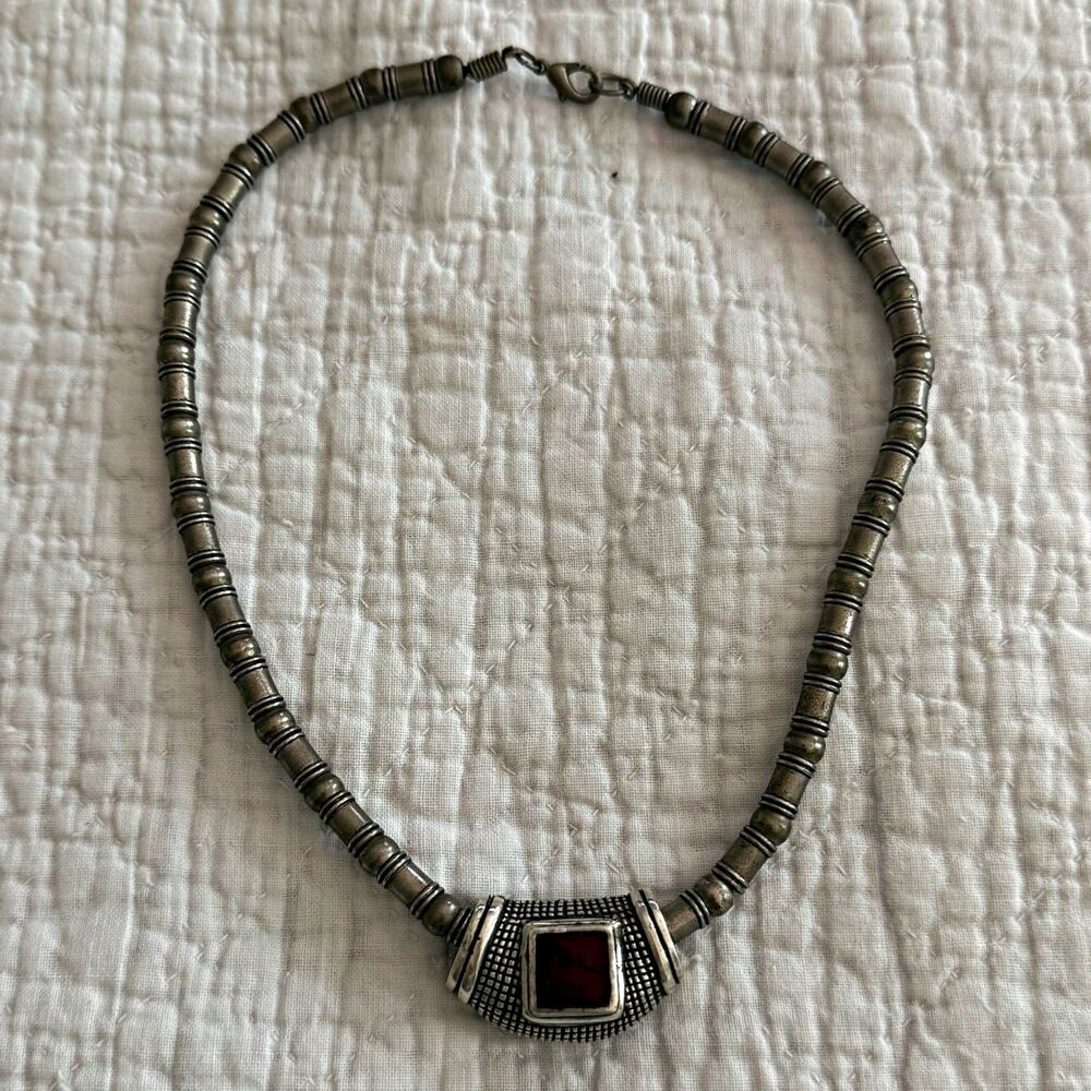 Vintage Beaded Ball Necklace Red Square Charm Pendant, Lobster Closure, 18 in